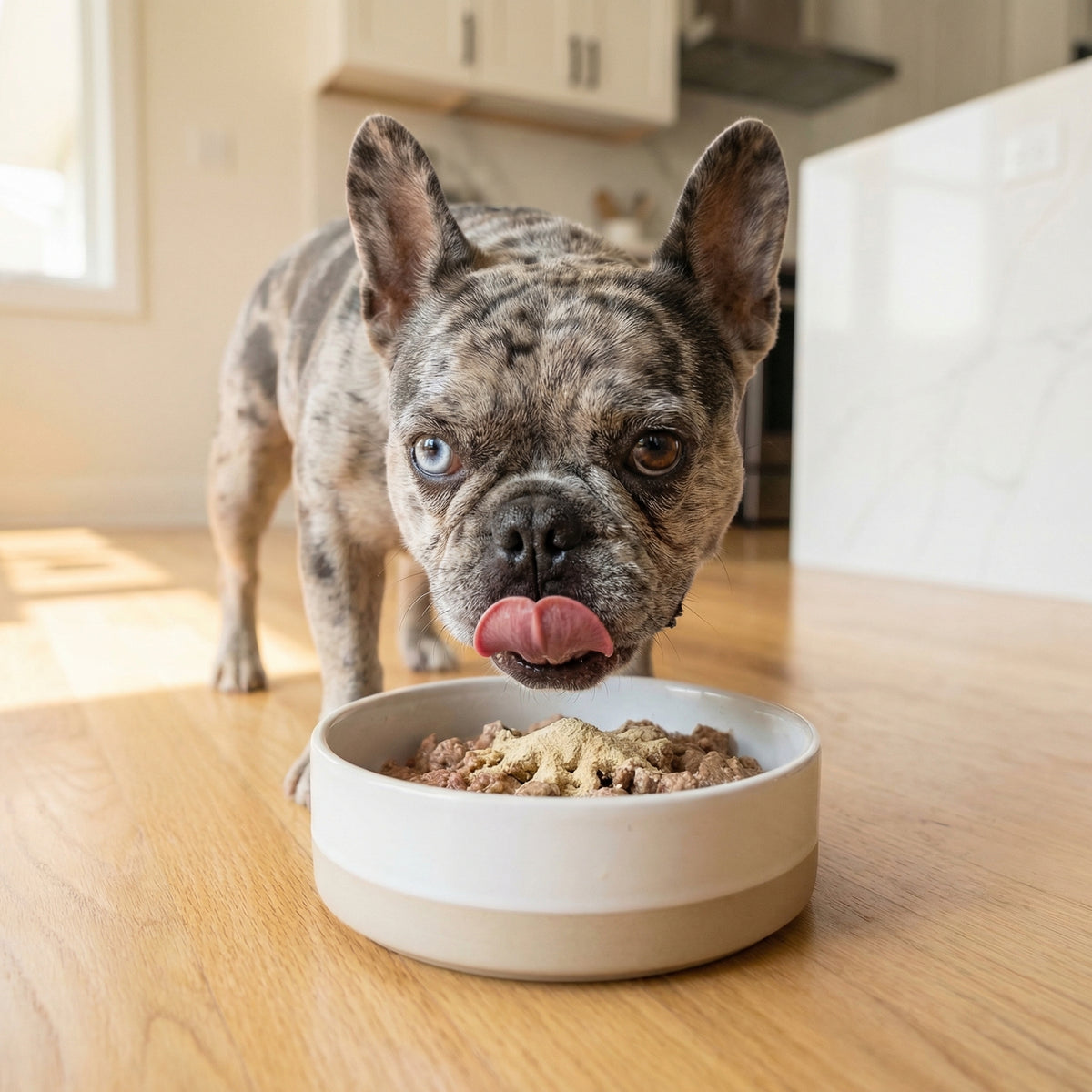 French bulldog licking its lips over a bowl of food