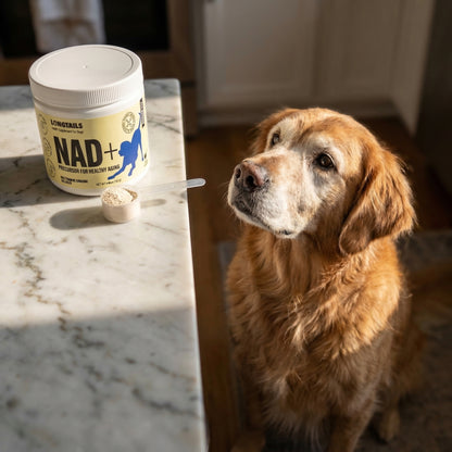 Senior golden retriever looking at a LongTails NAD+ jar and scoop on a kitchen counter