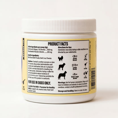 Back of the LongTails NAD+ jar showing the Product Facts panel and the serving guide by dog size