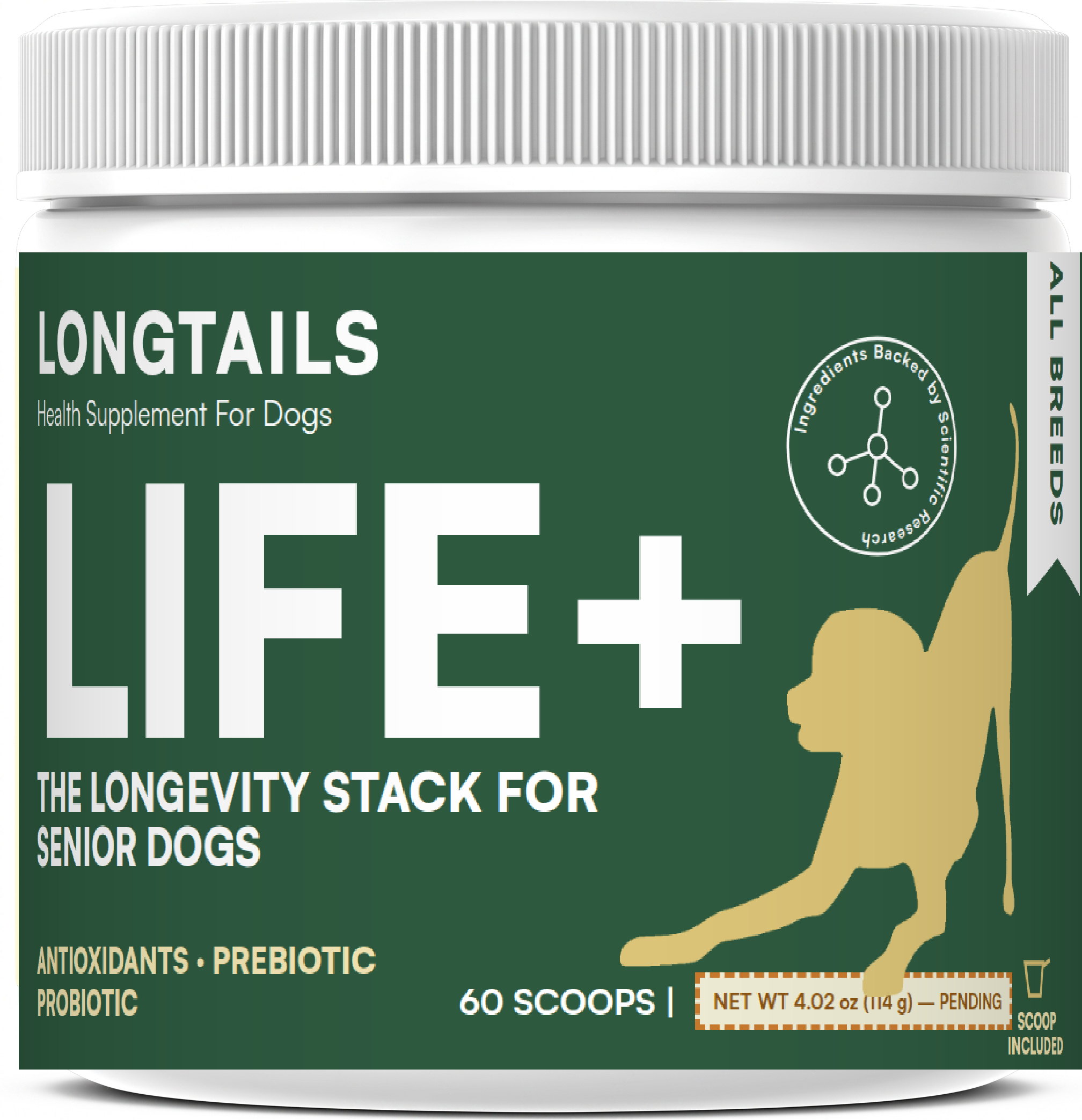 LongTails LIFE+ packaging mockup; final production art pending