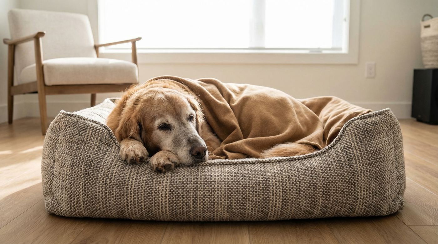 An older dog resting in its bed at home