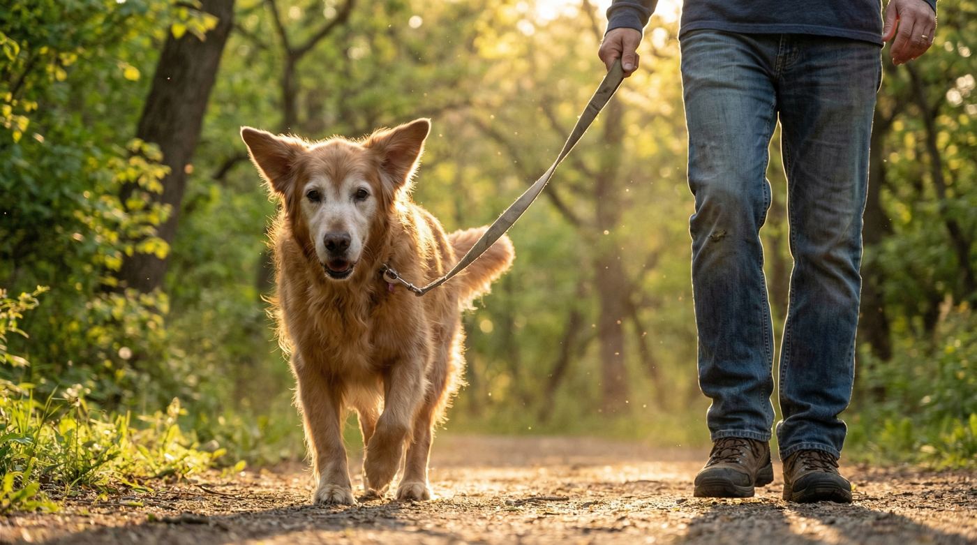 An older dog on a slow walk beside its owner