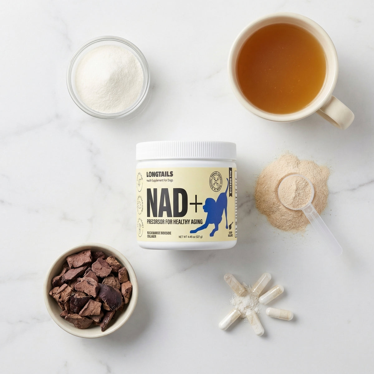 LongTails NAD+ jar with its ingredients